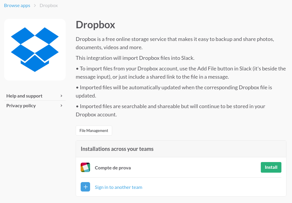 A Slack hi podreu afegir fitxers de Dropbox